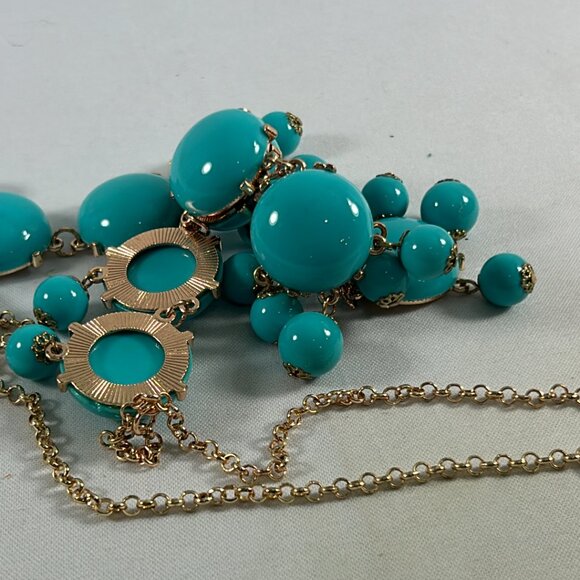 Faux Turquoise Bubble Plastic Beaded Bib Necklace Gold Tone Drop Statement - Picture 7 of 10